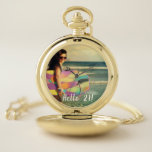 21st birthday hello 21 girl photo pocket watch<br><div class="desc">Template for Your own photo.  White text overlay: Hello 21.  A great 21st birthday gift or keepsake for for her. The text is written with a modern and trendy hand lettered style script.</div>