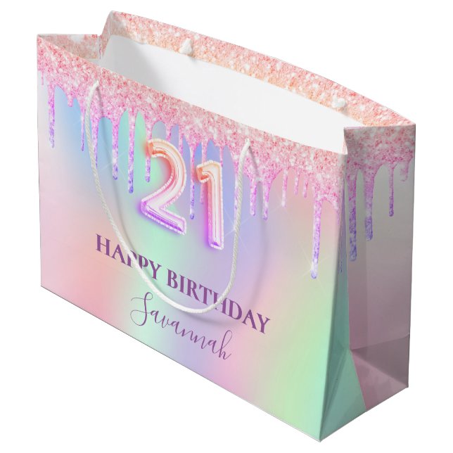 21st birthday holographic pink purple drips large gift bag (Back Angled)