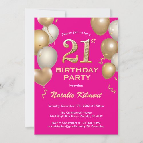 21st Birthday Hot Pink and Gold Glitter Balloons Invitation