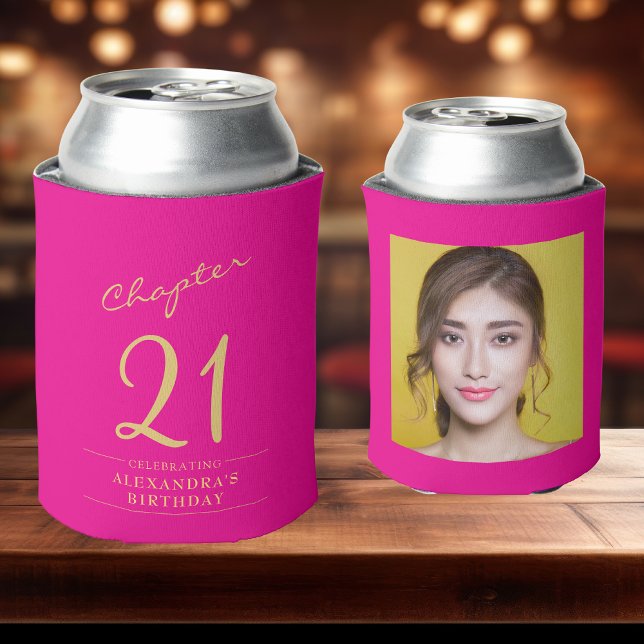 21st Birthday Hot Pink Gold Photo Template Can Cooler (Hot pink custom 21st birthday can coolers on a bar top.)