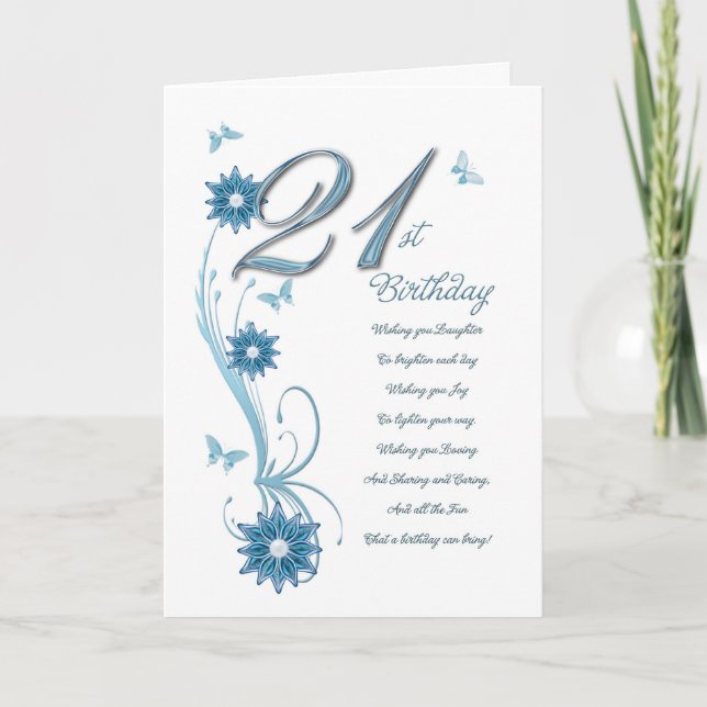 21st birthday in teal with flowers and butterfly card (Front)