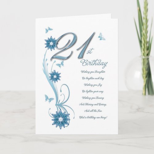 21st birthday in teal with flowers and butterfly card