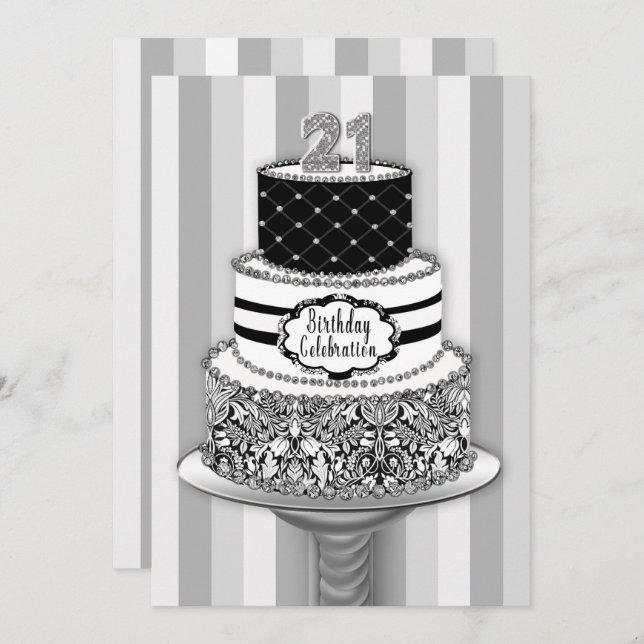 21st Birthday Invitation, 3-Tier Cake Invitation (Front/Back)