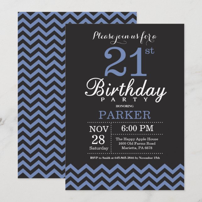 21st Birthday Invitation Black and Blue (Front/Back)