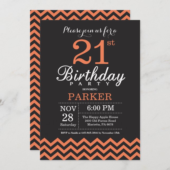 21st Birthday Invitation Black and Coral Chevron (Front/Back)