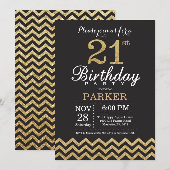 21st Birthday Invitation Black and Gold Glitter (Front/Back)