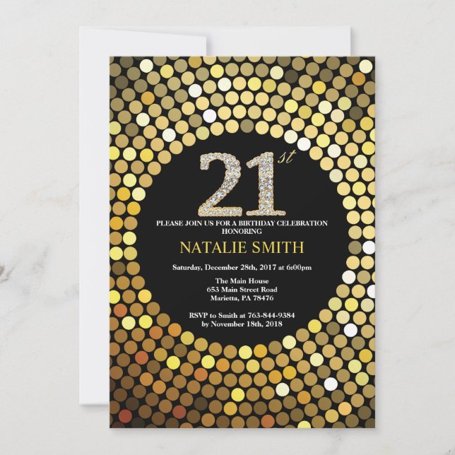 21st Birthday Invitation Black and Gold Glitter (Front)
