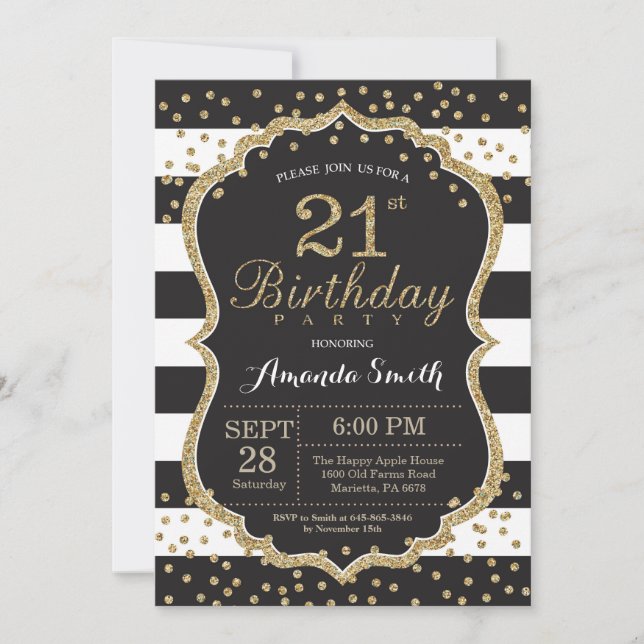 21st Birthday Invitation. Black and Gold Glitter Invitation (Front)