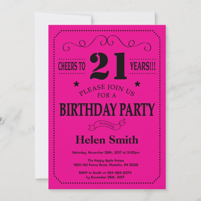 21st Birthday Invitation Black and Hot Pink (Front)