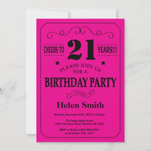 21st Birthday Invitation Black and Hot Pink