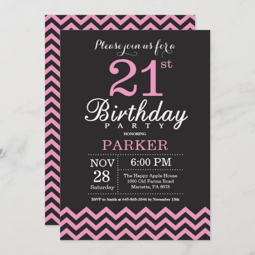 21st Birthday Invitation Black and Pink Chevron