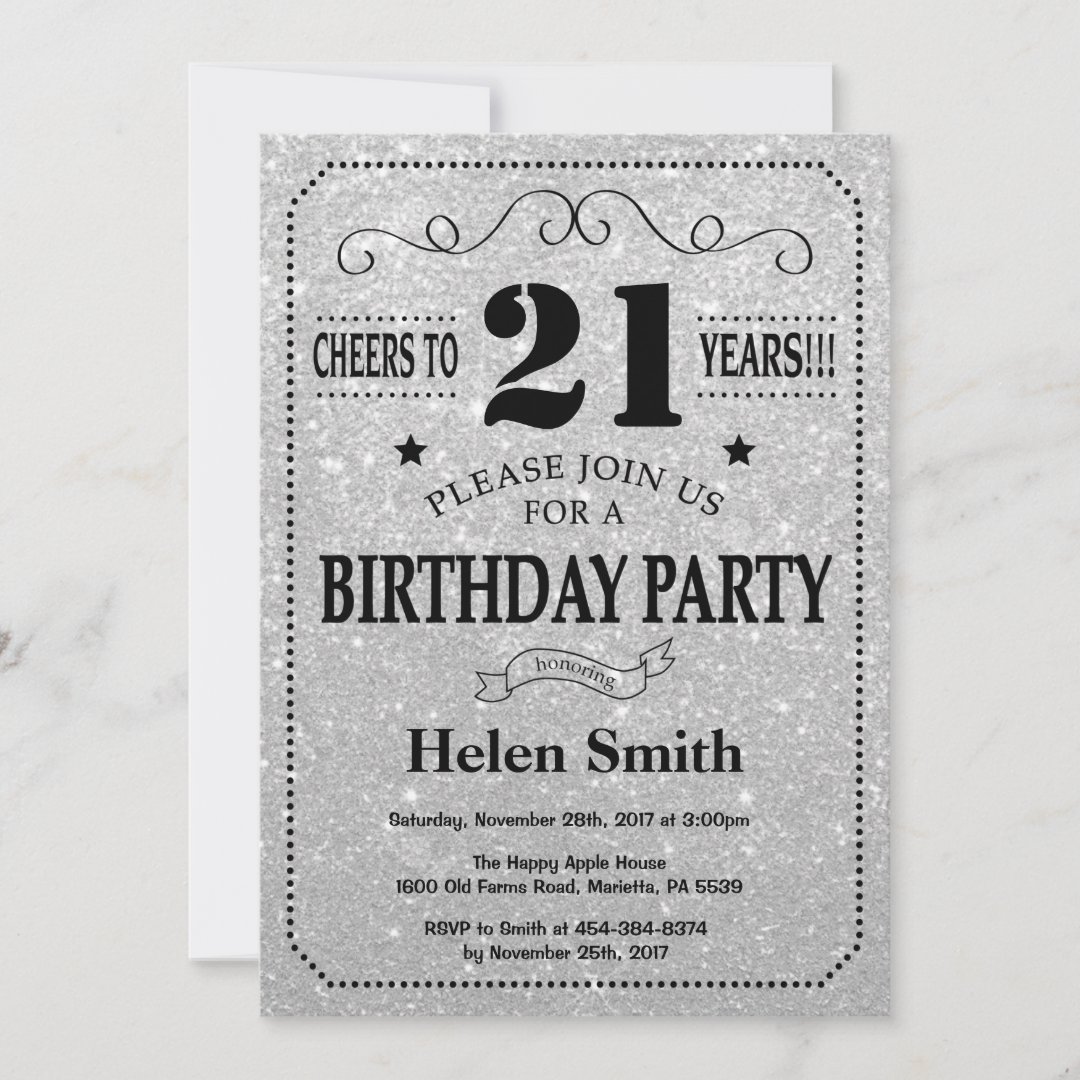 21st Birthday Invitation Black and Silver Glitter | Zazzle