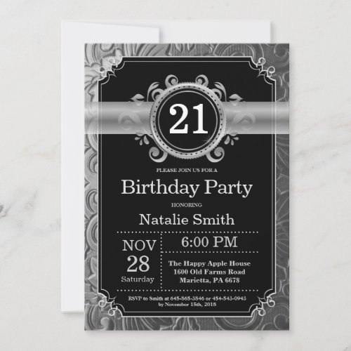 21st Birthday Invitation Black and Silver Glitter