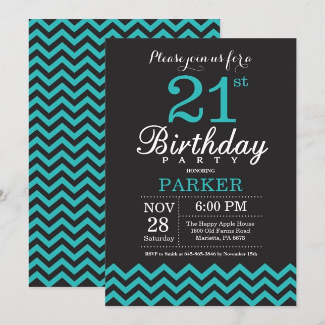 21st Birthday Invitation Black and Teal
