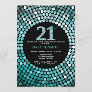 21st Birthday Invitation Black and Teal Glitter