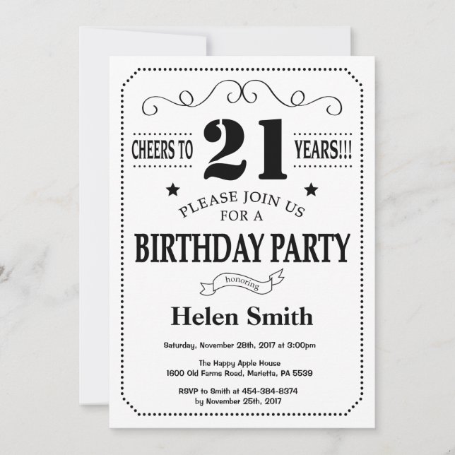 21st Birthday Invitation Black and White (Front)