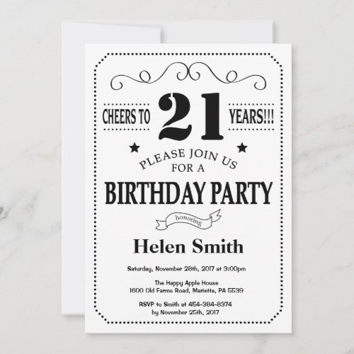 21st Birthday Invitation Black and White