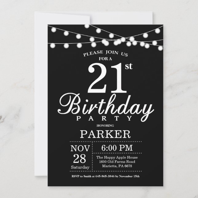 21st Birthday Invitation Black and White (Front)