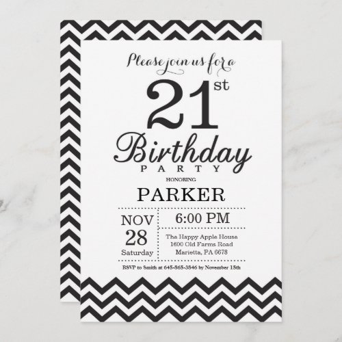 21st Birthday Invitation Black and White Chevron