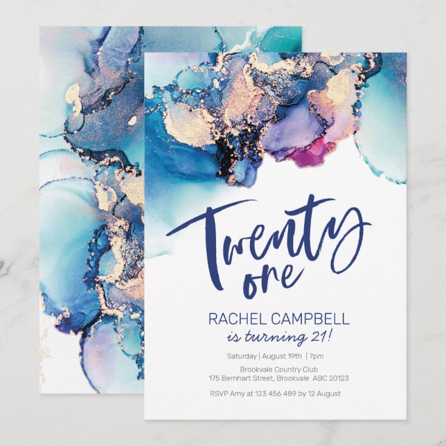 21st Birthday Invitation Blue Abstract Watercolor (Front/Back)