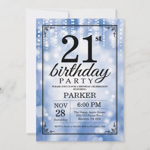 21st Birthday Invitation Blue Glitter