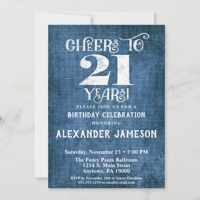 21st Birthday Invitation Blue Linen Rustic Cheers (Front)