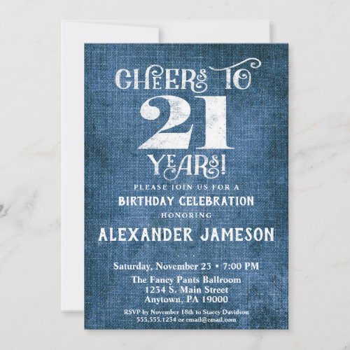 21st Birthday Invitation Blue Linen Rustic Cheers