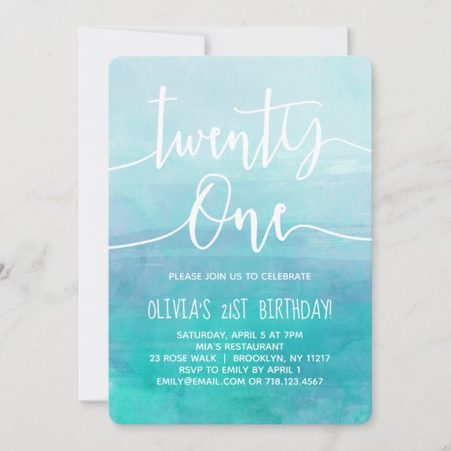 21st Birthday Invitation Blue Watercolor Ombre (Front)