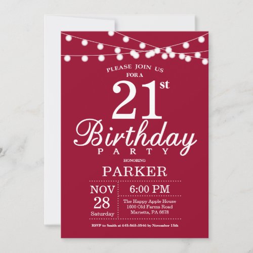 21st Birthday Invitation Burgundy Red