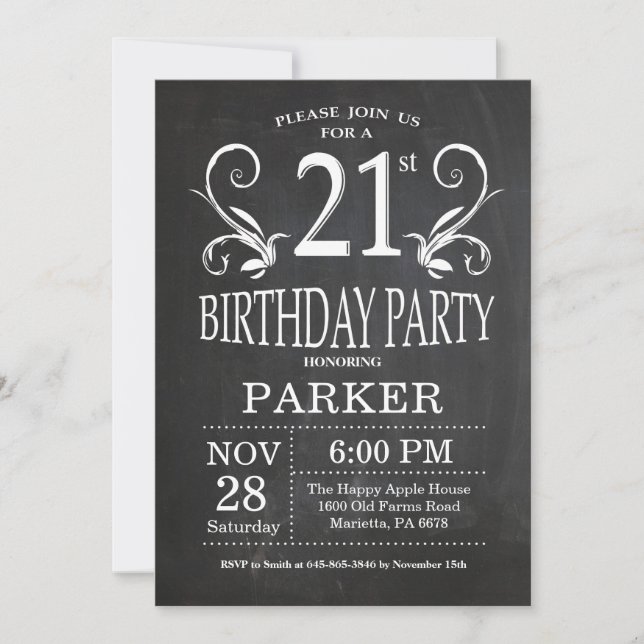 21st Birthday Invitation Chalkboard Floral (Front)