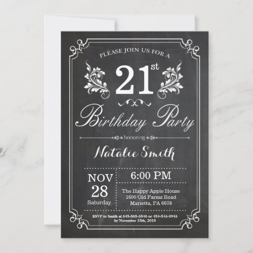 21st Birthday Invitation Floral Chalkboard