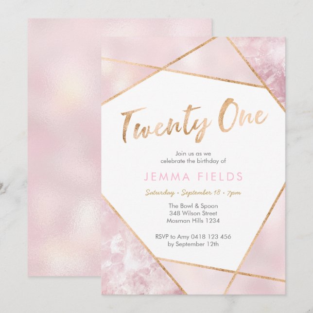 21st Birthday Invitation Geo pink and gold (Front/Back)
