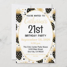 21st Birthday Invitation, Gold & Black Strawberry