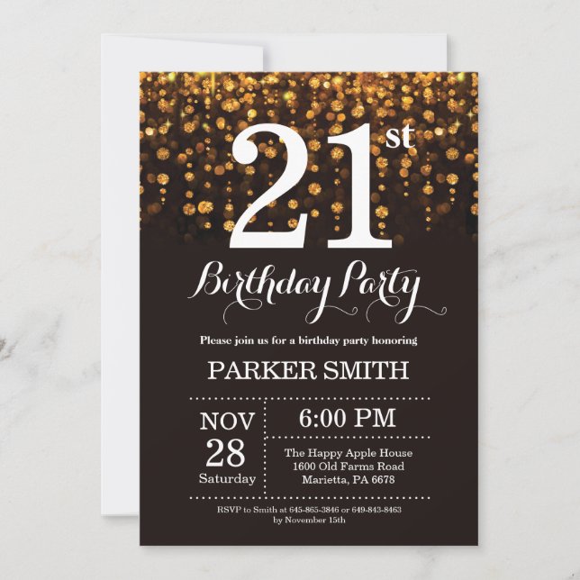 21st Birthday Invitation Gold Glitter (Front)