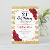21st Birthday Invitation Gold White Stripes Roses (Standing Front)