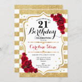 21st Birthday Invitation Gold White Stripes Roses (Front/Back)