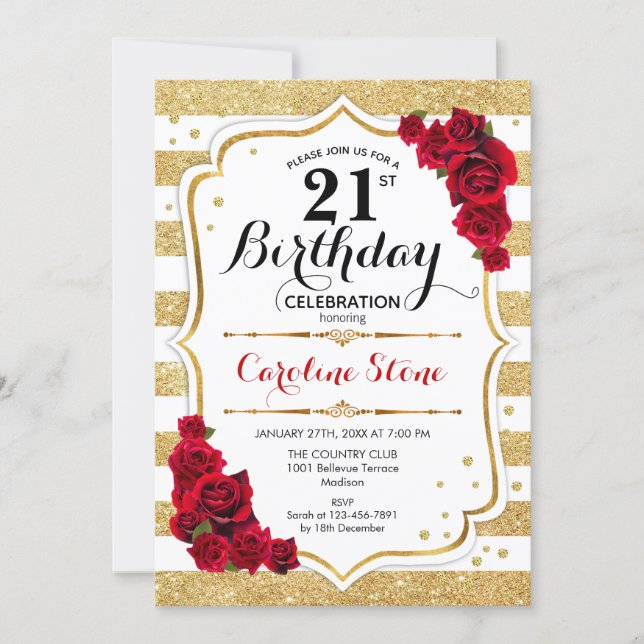 21st Birthday Invitation Gold White Stripes Roses (Front)