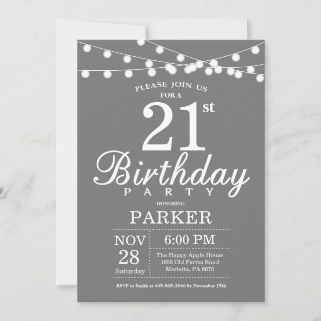 21st Birthday Invitation Gray and White (Front)