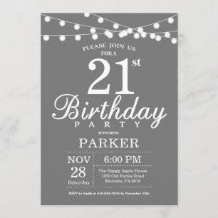21st Birthday Invitation Gray and White