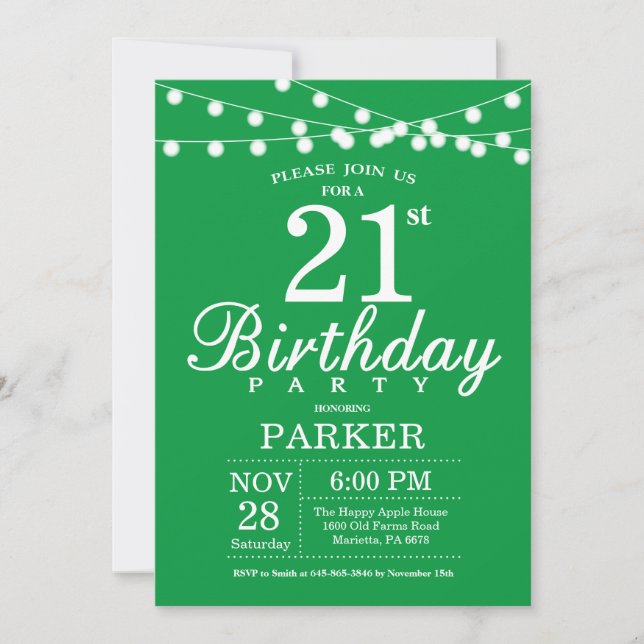 21st Birthday Invitation Green (Front)