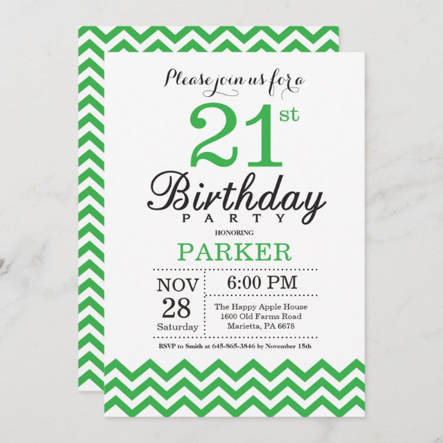 21st Birthday Invitation Green Chevron (Front/Back)