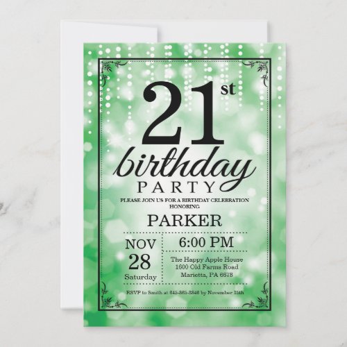 21st Birthday Invitation Green Glitter