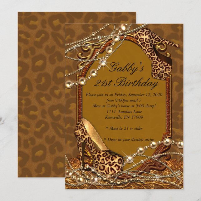 21st Birthday Invitation, Leopard print invitation (Front/Back)