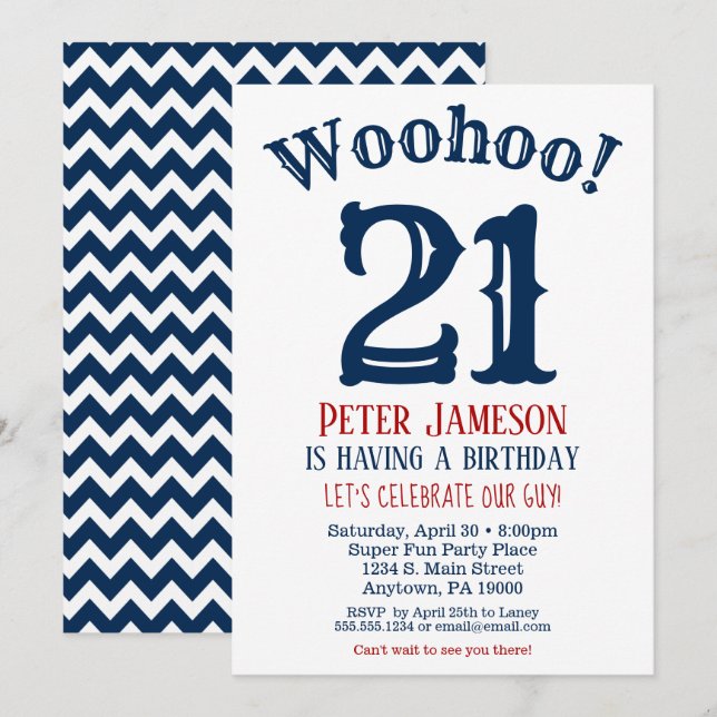 21st Birthday Invitation Mens Navy Blue (Front/Back)