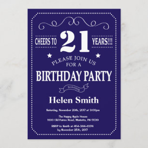 21st Birthday Invitation Navy Blue and White