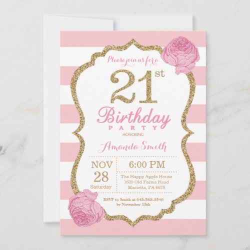 21st Birthday Invitation Pink and Gold Floral