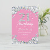 21st Birthday Invitation Pink and Silver Diamond (Standing Front)
