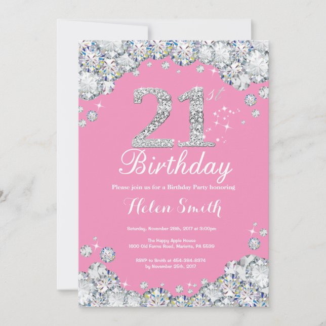 21st Birthday Invitation Pink and Silver Diamond (Front)