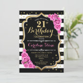 21st Birthday Invitation Pink Black White Stripes (Standing Front)