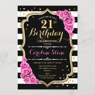 21st Birthday Invitation Pink Black White Stripes